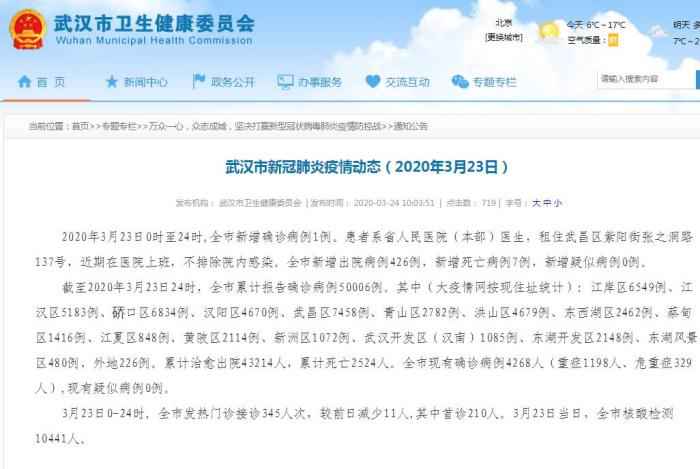 通报截图 武汉通报新增1例确诊病例:系医生 不排除院内感染